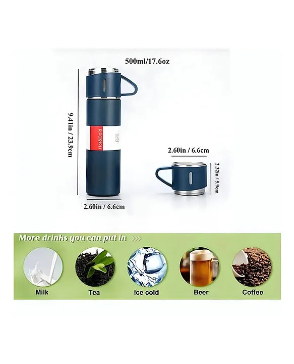 Stainless Steel Vacuum Flask Set with 2 Cups Flask Combo Keeps Liquid Tea Coffee Cold Hot Bottle Drink Water Flask Bottle 500ml Vacuum Insulated Bottle (Multicolor).